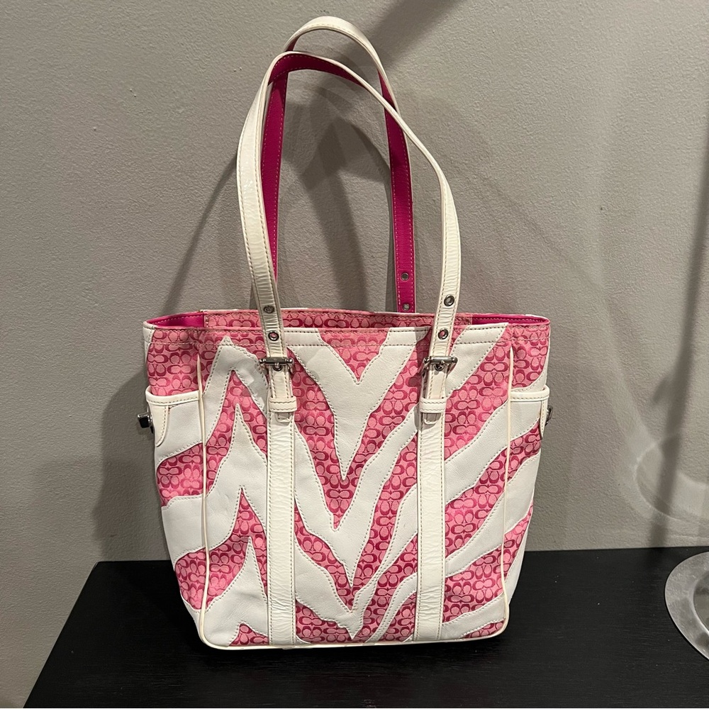 Coach Rare Limited Edition Pink White Zebra Patchwork Tote Shoulder Bag Purse